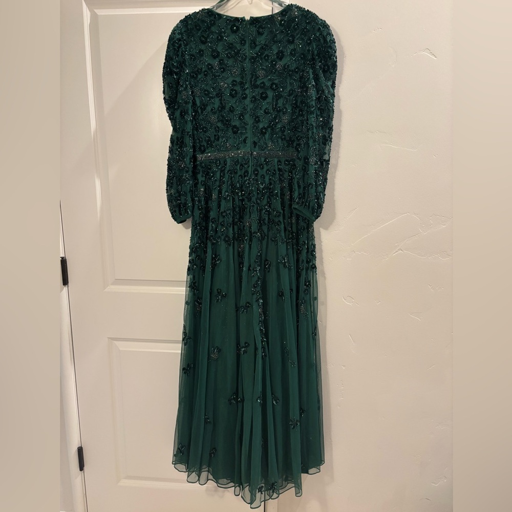 Mac Duggal Green Embellished V Neck 3/4 Sleeve A Line Gown - Picture 5 of 8